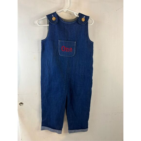 "One" denim Jean overalls "Happy Birthday Photo Outfit" - Picture 2 of 8
